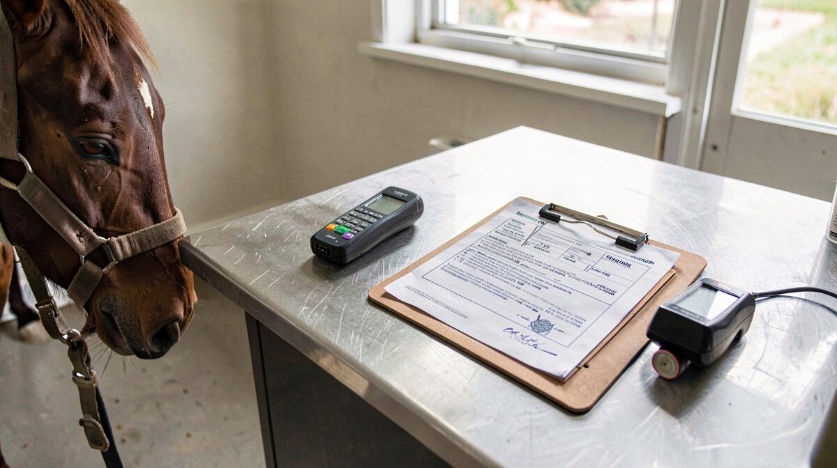 A veterinary examination room in daylight: a clipboard with an export health certificate and a microchip scanner on a stainless steel table, a horse's head and halter at the left edge of the frame, shot from slightly above at desk height.