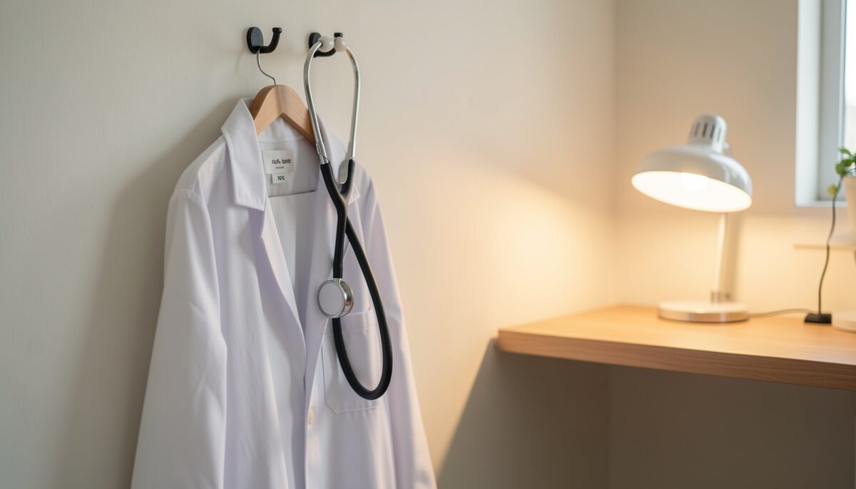 The associate's coat on the hook beside the lamp.