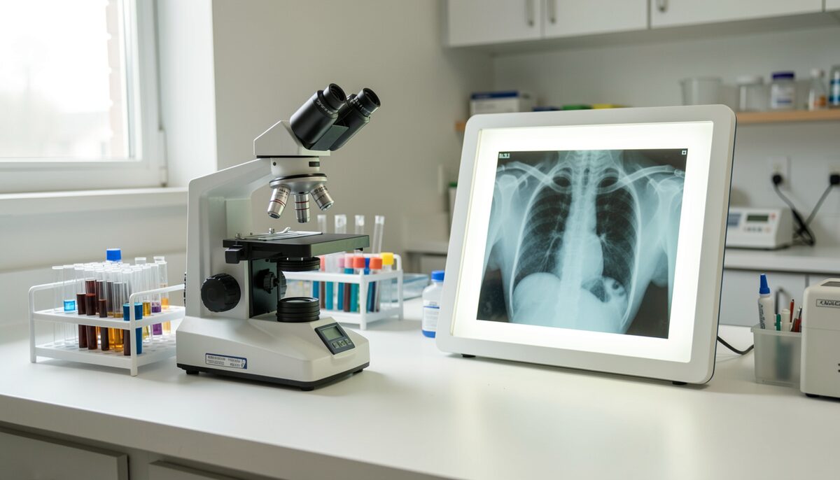 The diagnostic bench: scope, samples and a film on the lightbox.