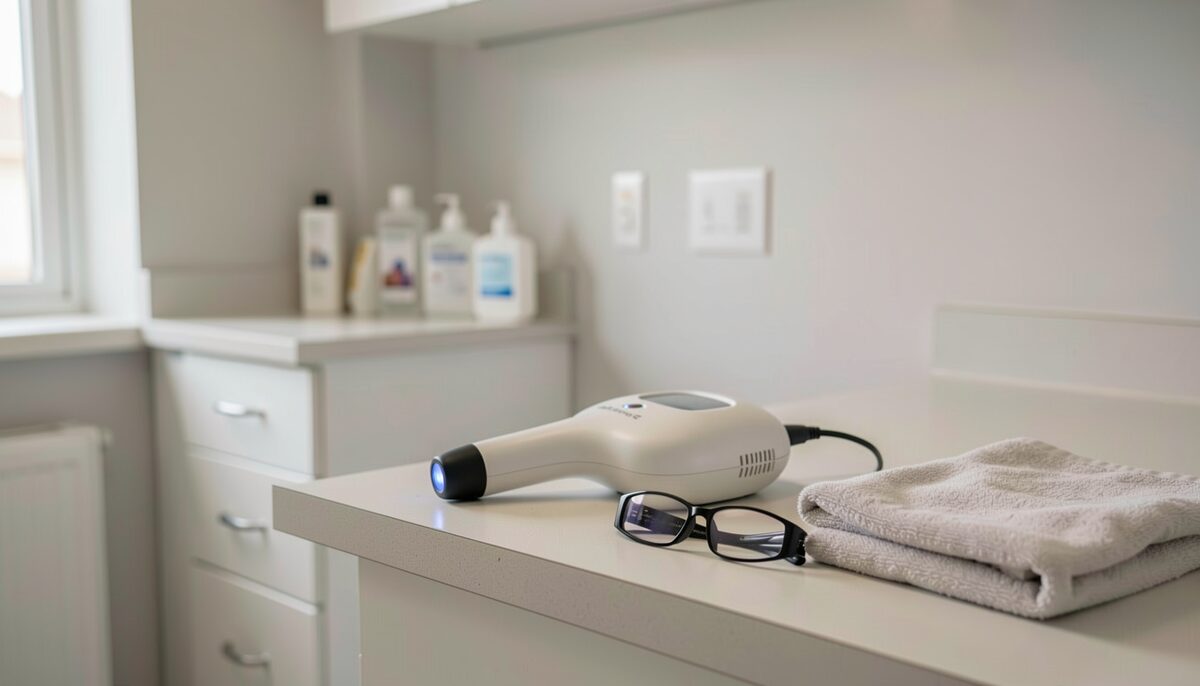 The therapy unit on the counter, glasses beside it.