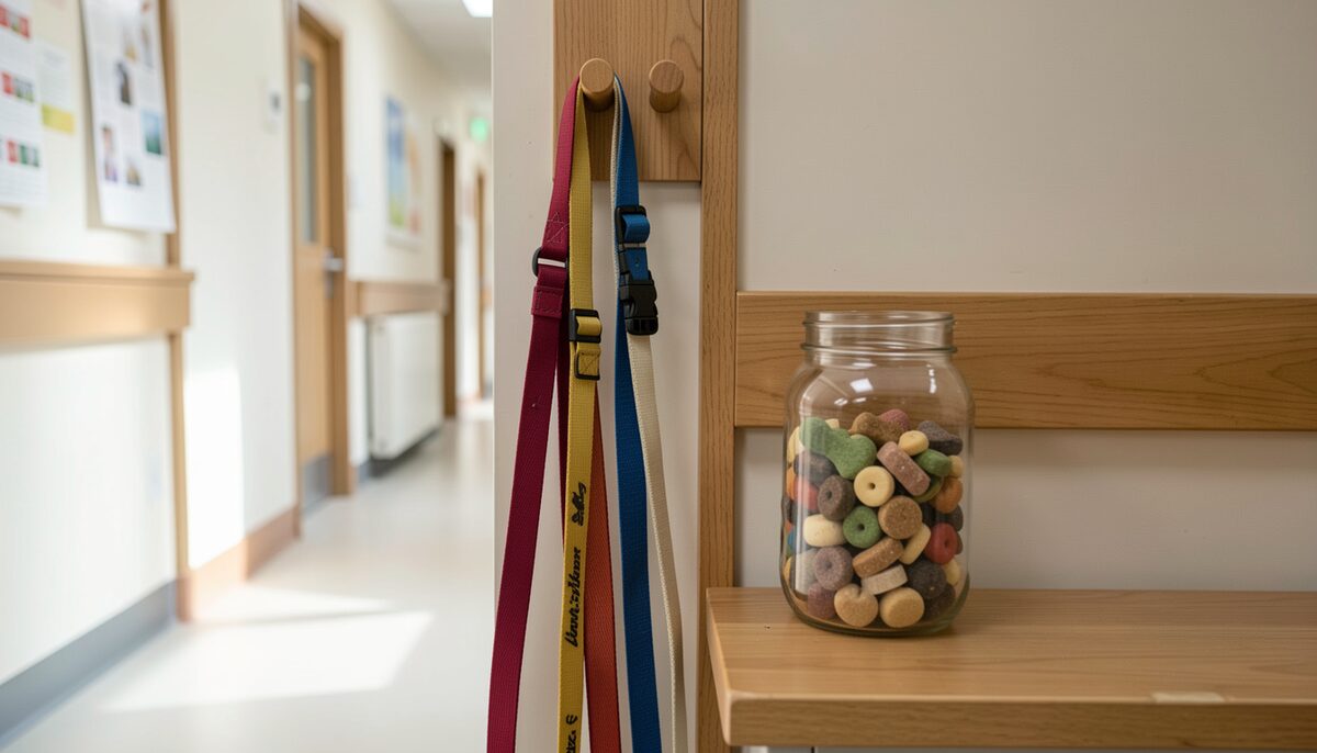 The leash pegs and the treat jar by the corridor.